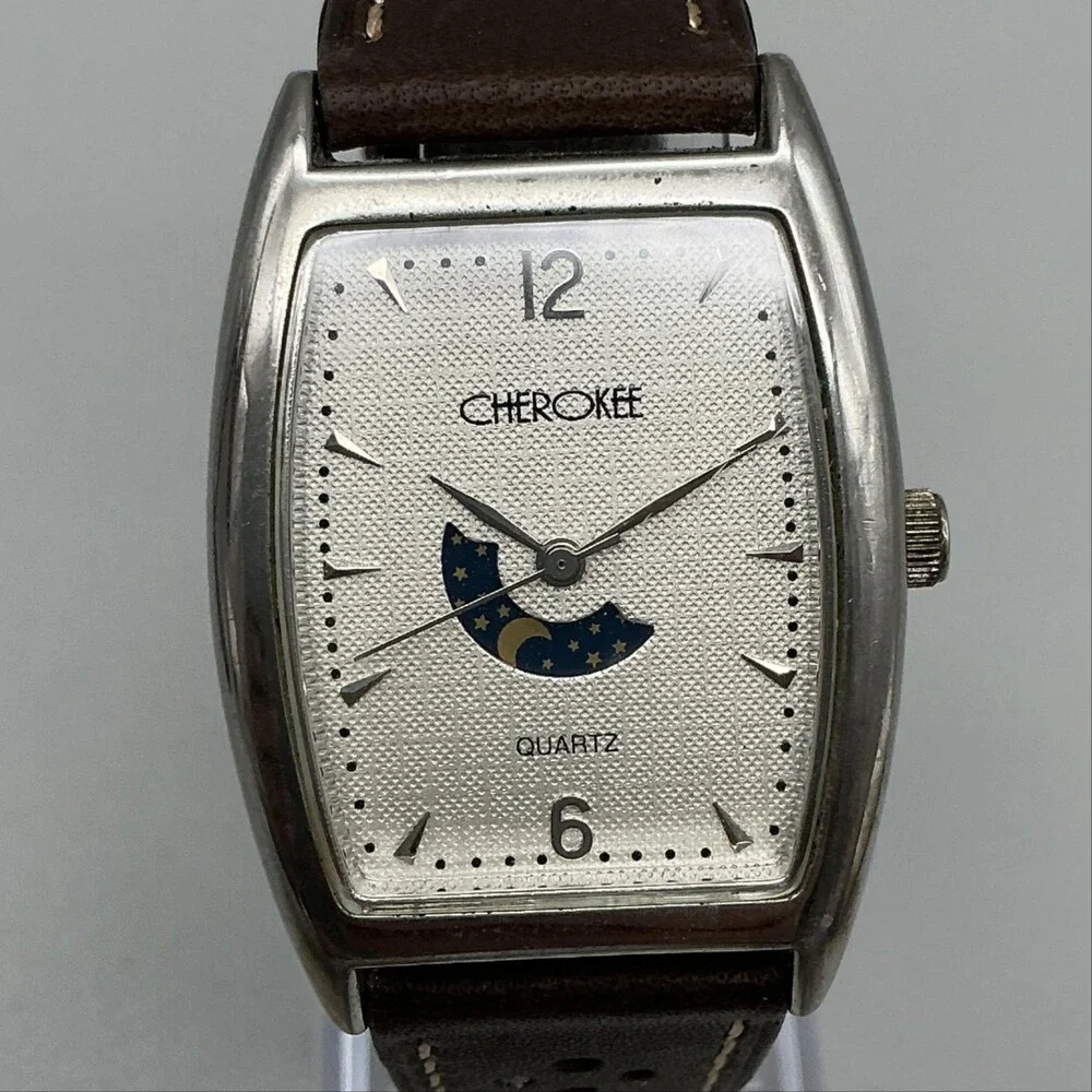 Cherokee 32-905 Womens Watch 30mm Silver Tone Moon Phase Leather Band New Batt